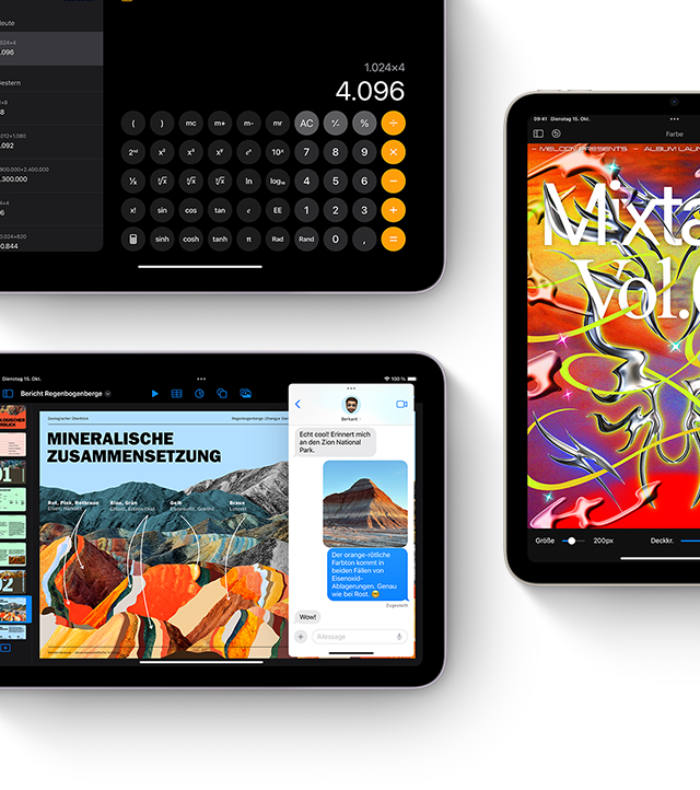 Drei iPad mini Displays, die iPadOS und App Features zeigen