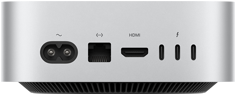 Rückansicht des Mac mini in Silber, die die Anschlüsse hinten zeigt: ein HDMI, ein Ethernet, drei Thunderbolt Anschlüsse und Netzanschluss