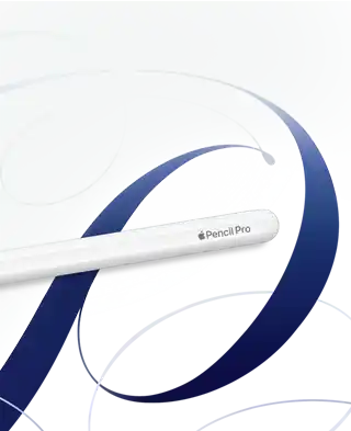 Apple Pencil Pro, Weiß, vor einem weißen Hintergrund mit blauen Wirbeln