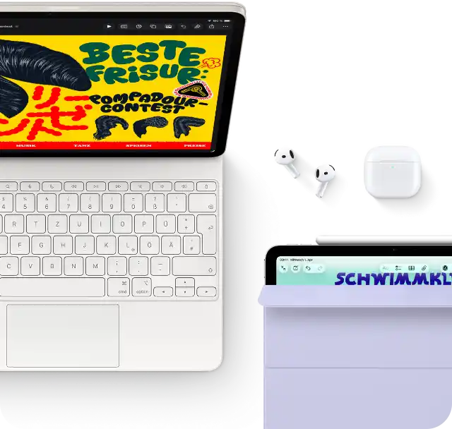 iPad Air, Farbe Polarstern, farbige Grafik auf dem Display, befestigt am Magic Keyboard, Airpods Pro und Apple Pencil Pro Zubehör