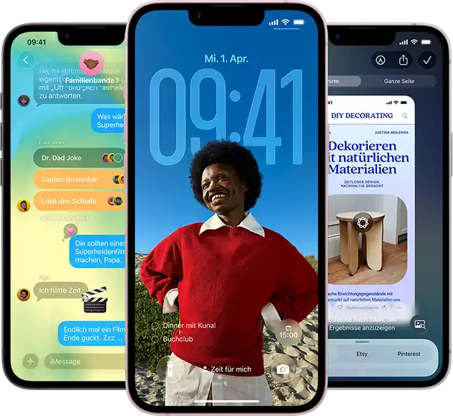 Tre iPhone 17e-enheter med appen Meddelanden i Liquid Glass-design, dynamisk låsskärm och Visuell intelligens igång