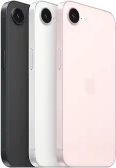 iPhone 17e, Seiten- und Rückansicht, Schwarz, Seiten- und Rückansicht, Weiß, Seiten- und Rückansicht, Hellrosa, Fusion Kamera oben, Seitentaste