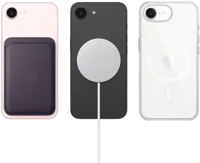 iPhone 17e i blekrosa med FineWoven-plånbok i färgen midnatt, iPhone 17e i svart med MagSafe-laddare, iPhone 17e i vitt med transparent skal med MagSafe