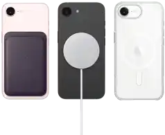 iPhone 17e i blekrosa med FineWoven-pl&aring;nbok i f&auml;rgen midnatt, iPhone 17e i svart med MagSafe-laddare, iPhone 17e i vitt med transparent skal med MagSafe