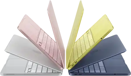 MacBook Neo Laptops in den Farben Silber, Rosa, Zitrus und Indigo, halb geöffnet und in einem Halbkreis angeordnet