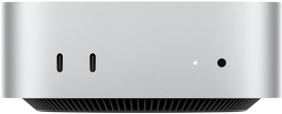 Mac mini, Vorderseite, zwei Thunderbolt Anschlüsse, Statusanzeige und Kopfhöreranschluss, schmal zulaufende Basis unten, flache Oberseite, gerundete Ecken, gerade Kanten, Farbe Silber