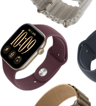Apple Watch Series 11 Armbänder: Sportarmband in Nebelviolett, Ocean Armband in Maritimblau, Alpine Loop in Hellblau