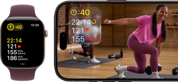 Apple Watch neben einem iPhone mit Apple Fitness+ Kurs auf dem Display
