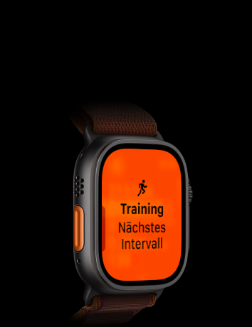 Apple Watch Ultra 4, Titangehäuse, Farbe Schwarz, Lauftraining, nächstes Intervall, linke Seitenansicht, Actiontaste in Orange, Alpine Loop Armband