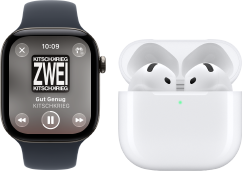 Apple Watch Series 12, Aluminiumgehäuse, Farbe Schwarz, Sportarmband Schwarz, Apple Music App geöffnet, gekoppelt mit AirPods 4