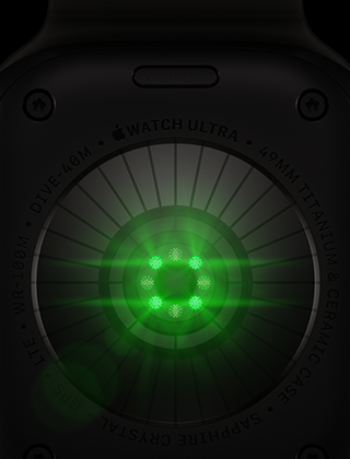 Rückseite der Apple Watch Ultra 4, Titangehäuse, Farbe Schwarz, mehrere runde Sensoren mit grün leuchtenden LEDs