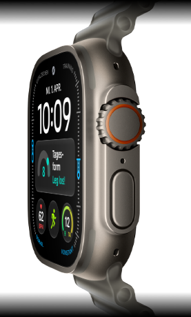 Apple Watch Ultra 4, Titangehäuse, Farbe Natur, digitales Zifferblatt, Komplikationen: Tagesform, Herzfrequenz, Trainings, Temperatur, rechte Seitenansicht, Digital Crown, erhöhte Seitentaste, Ocean Armband, Farbe Halbtransparentes Grau