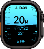 Apple Watch Ultra 4, Titangehäuse, Farbe Schwarz, Tiefe App zeigt Messwerte fürs Tauchen, rechte Seitenansicht, Digital Crown, erhöhte Seitentaste